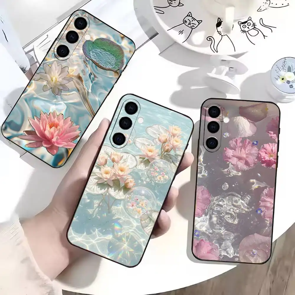 Aesthetic Pink Water Lily Bubble  Phone Case Black Silicone Soft For Samsung Galaxy A73,A72,A71,A70,A53,A52,A51