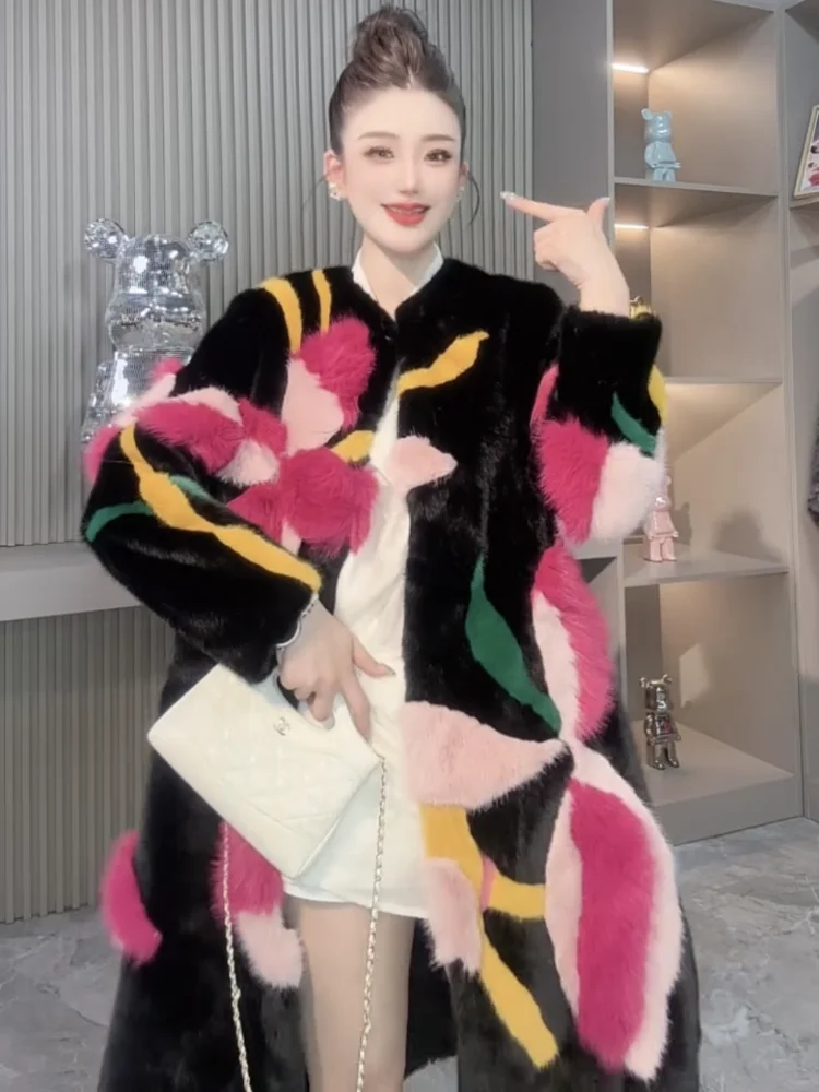 2025 Winter New Faux Fur Coat Women Mid-Length Round Neck Over-the-Knee Faux Mink Fur Coat Women Winter Jacket