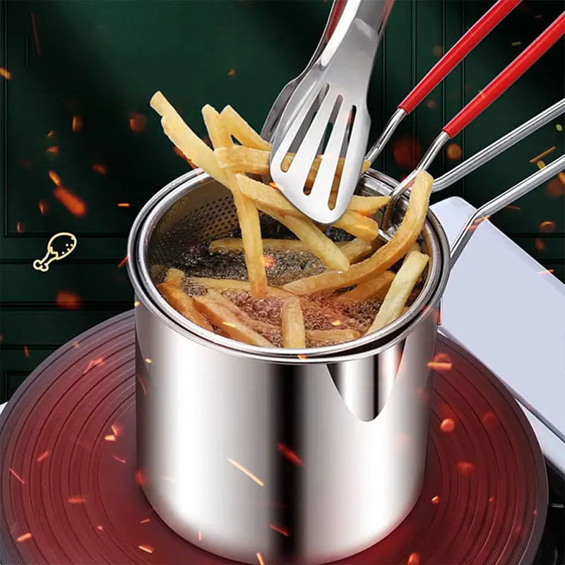 Stainless Steel Deep Fryer Pot Japanese Tempura Small Deep Frying Pan With Strainer Basket for French Fries Chicken Kitchen Pans