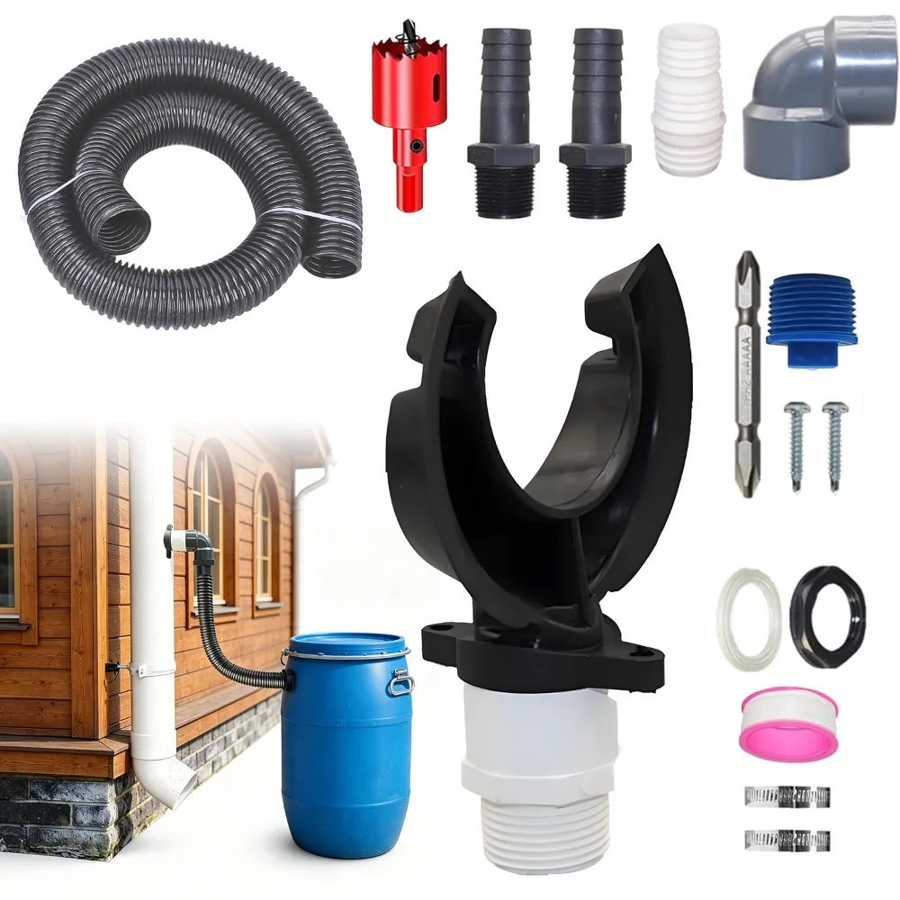 Accessoire de récupération d'eau de pluie pour tuyaux de descente de 70-110 mm, conception économe en eau et écoénergétique, collecteur de gouttière extérieur, installation facile pour usage domestique.