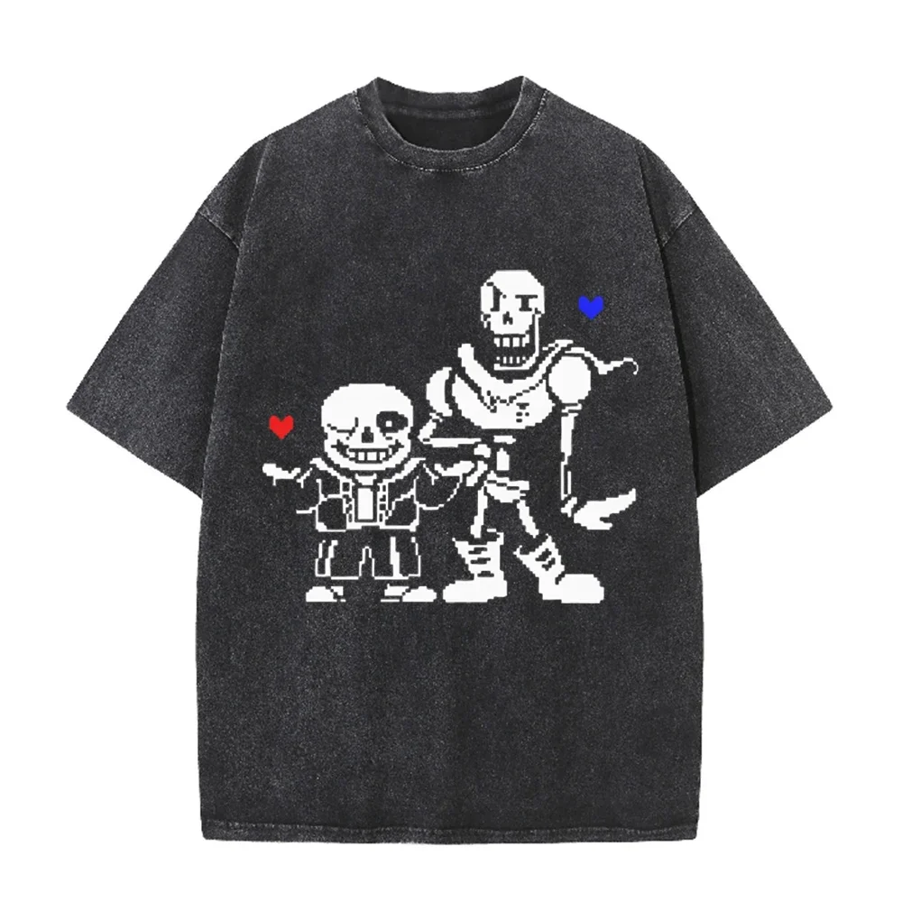 2026 Vintage Washed Black Pixel Skeleton Brothers Graphic T Shirt Retro Game Character Print Oversized Casual Short Sleeve Tee