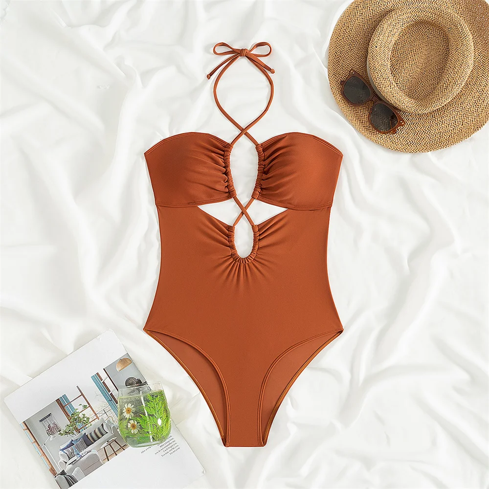 Extreme String Halter Bikini Hollow Out Backless Swimsuit Drawstring Pleated Monokini Women Vacation Swimwear Beach Bathing Suit