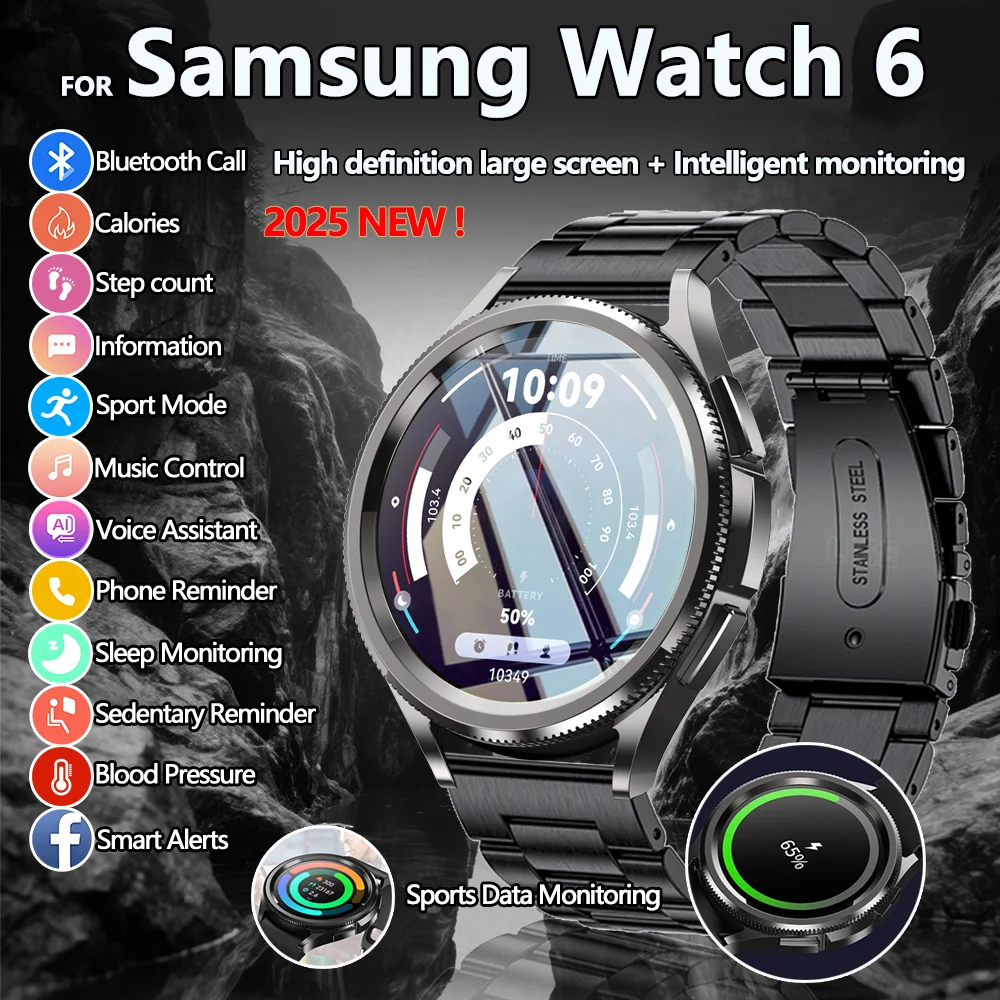 

Новинка 2023 года для Samsung Watch 6, мужские умные часы с Bluetooth-звонком, IP67, водонепроницаемый монитор здоровья, 100 + спортивный режим, умные часы