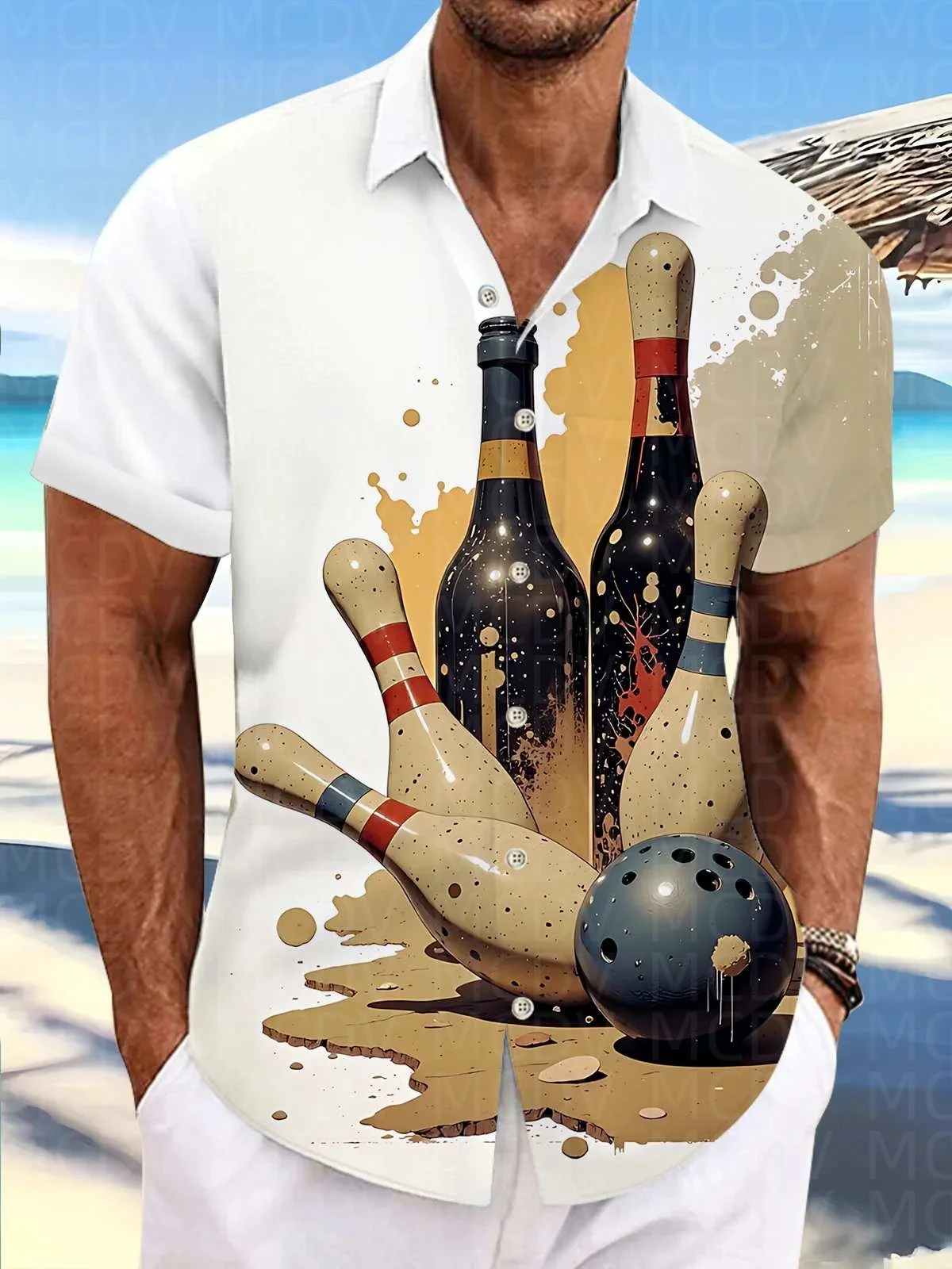 

Bowling Pattern Men's Hawaiian Shirt Stretch Easy Care Camp Shirt Big Tall
