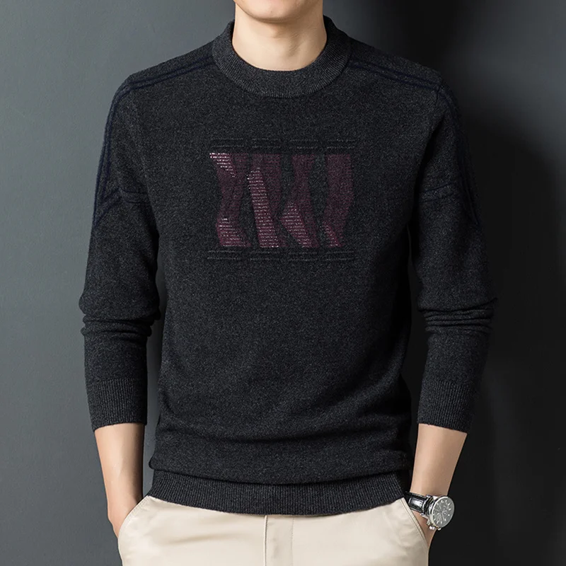 pure 100% sweater fashion letter Jacquard thickened sweater half round neck pullover men's sweater