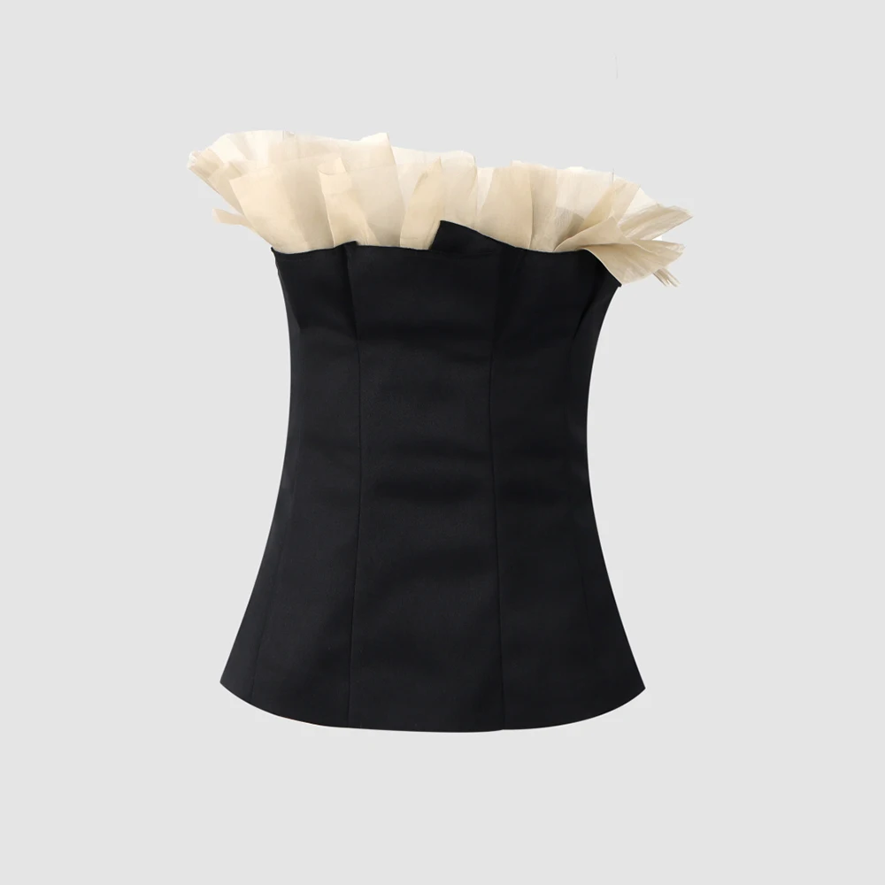 Elegant Off Shoulder Ruffle Tube Top Women Wool Blend Sleeveless Corset Top Vintage Bustier Camisole Y2K Party Crop Top