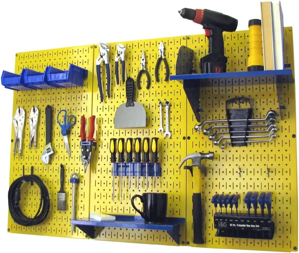 Pegboard Organizer Wall Control 4 ft. Metal Pegboard Standard Tool Storage Kit with Yellow Toolboard and Blue Accessories