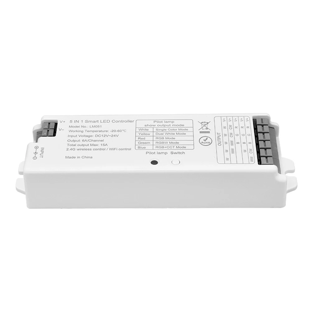 LM051 Contrôleur de bande LED 5 en 1 DC12-24V pour document unique/CCT/RGB/RGBW/RGB + CCT LED bande, gradateur