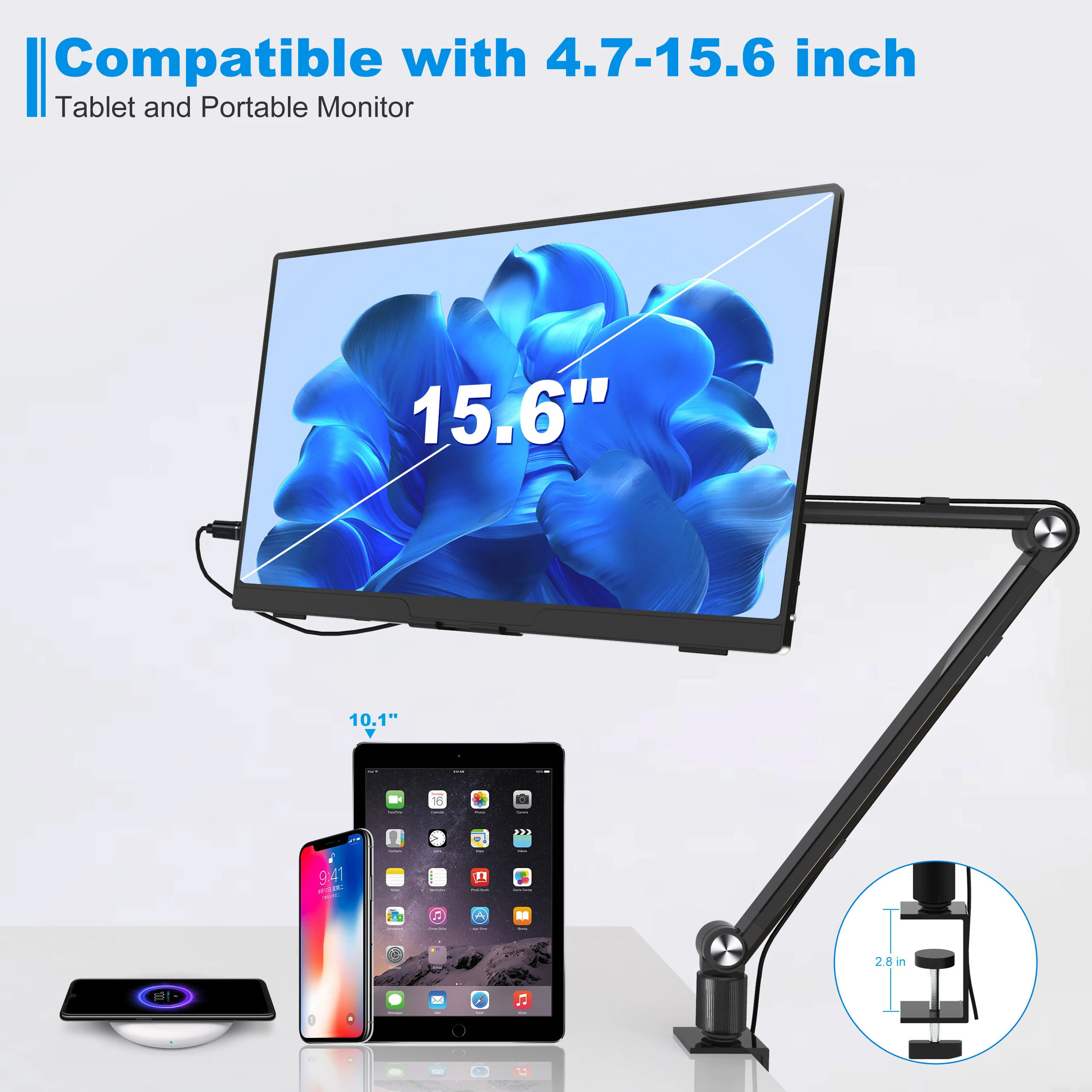 Bimawen Tablet Stand Holder for ipad,Portable Monitor Stand Desk Mount for 15.6'' 16'' Screen,Aluminum Long Arm with Rotating