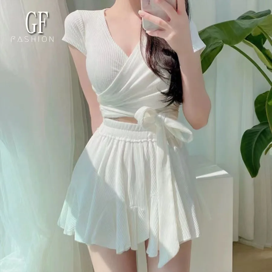 

Women Korean Style One-Piece Swimsuit Monkini Ladies Japanese Ruffle Short Sleeve Swimsuit Dress