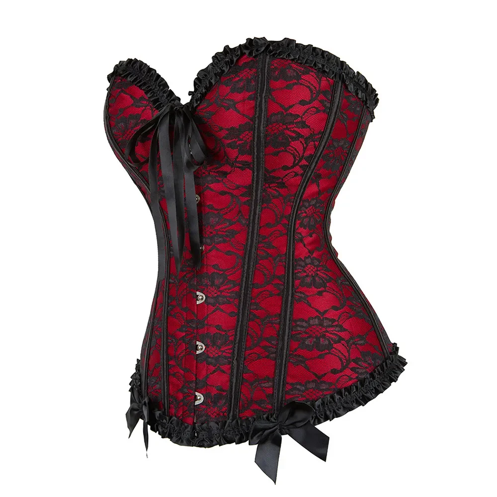 Red Corset Top Women Vintage Overbust Bustier Gothic Victorian Lace-up Boned Shapewear Slimming Waist Shaping Corselet Black
