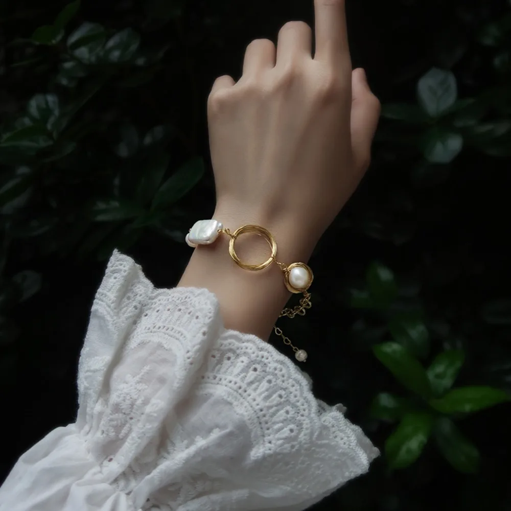 

Fashion Rustproof Baroque Pearls Bracelets Stainless Steel Jewelry Adjustable Bracelets Charm Accessory Asymmetric Party
