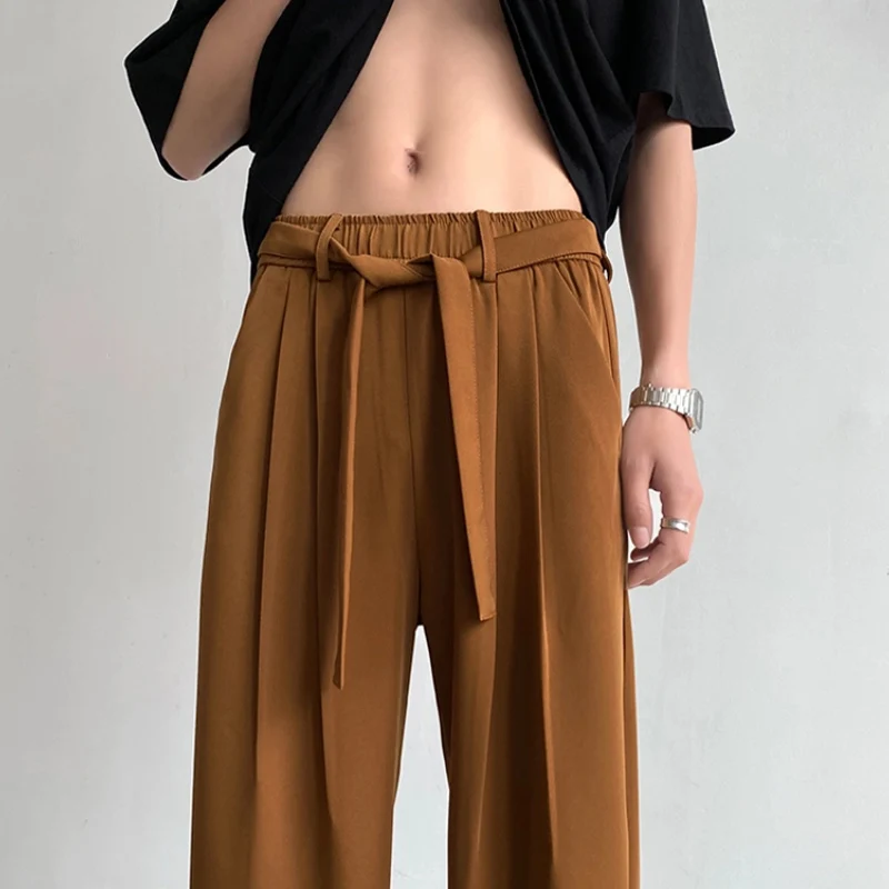 

Коричневые мужские брюки прямого кроя в неаполитанском стиле, из лёгкого ледяного шёлка, летние, повседневные, CleanFit, со средней/низкой талией, прямые штанины