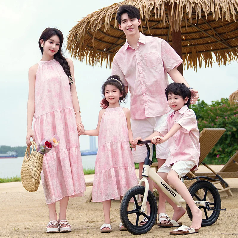 Vacation Family Couple Matching Beach Outfits Mom Daughter Pink Dress Dad Son Shirts Korean Parent-child Brother Sister Clothes