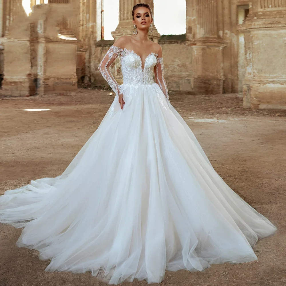 

Flavinke Customized Long Sleeve Lace Vintage Wedding Dresses Exquisite Scoop Appliques Beaded Court Train A Line Bridal Gown