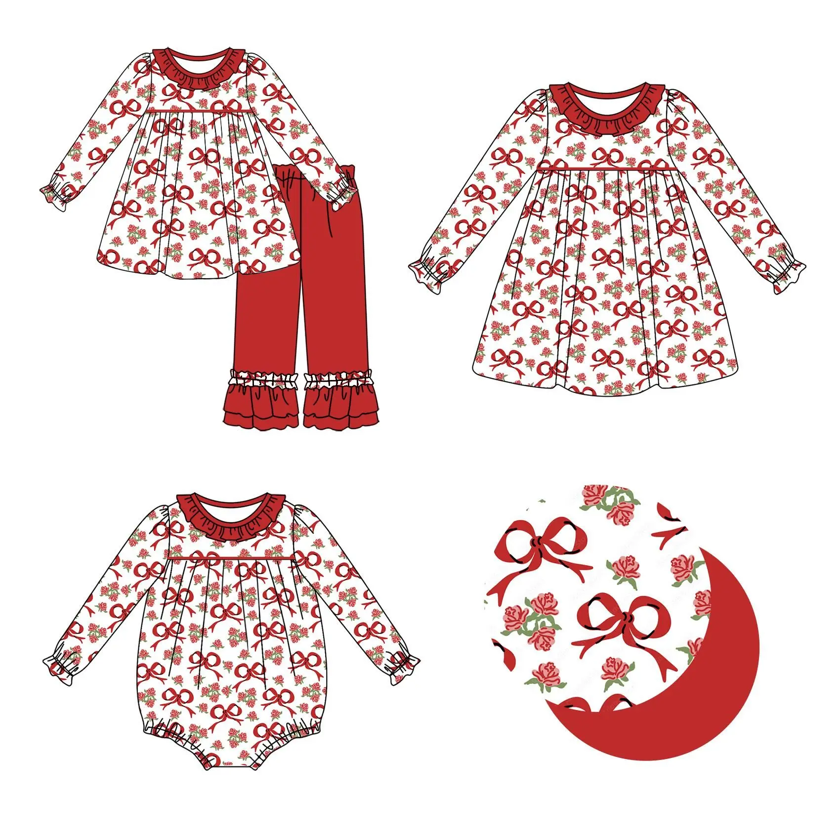 Valentine's Day Children's Boutique Suit Long-Sleeved Elastic Waist Flower Bow Printed Trousers Lace Girl Baby Jumpsuit Dress