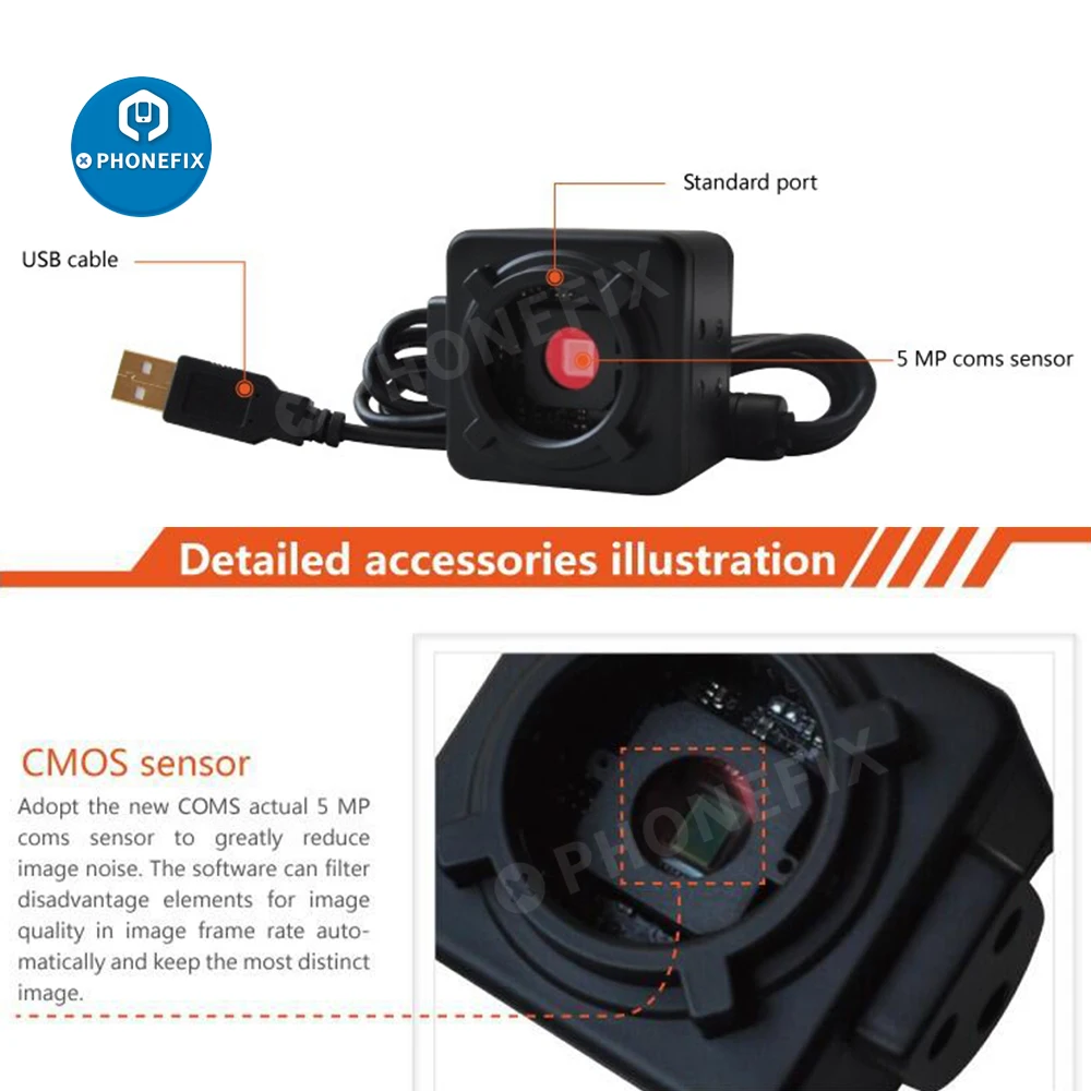 Appareil photo numérique industriel pour microscope USB, CMOS 5MP, EySim 0.5X, adaptateur C-Mount 23.2mm avec anneau 1/30/30mm pour la capture