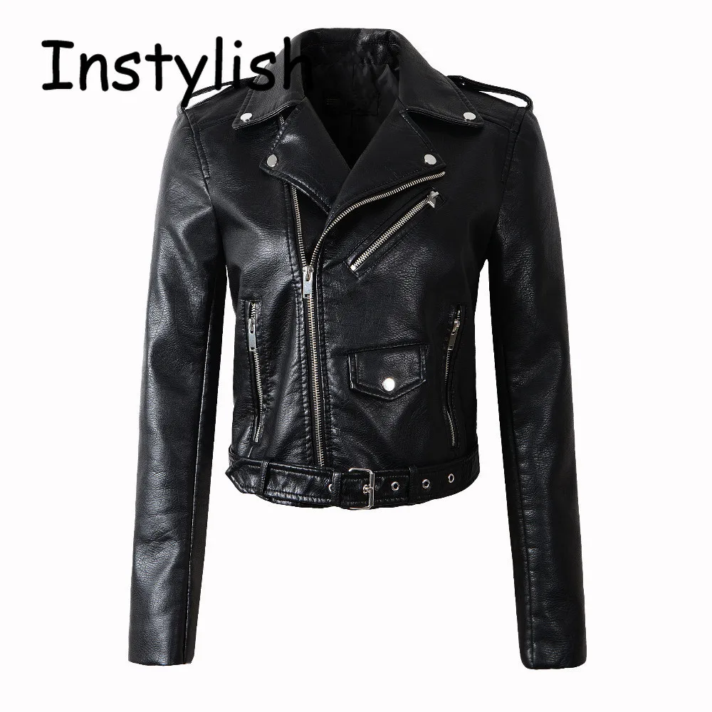 Women Moto Biker Zipper Jacket Autumn Winter PU Leather Lapel Jackets Casual Street Faux Leather Crop Coat Vintage Cool Outwear