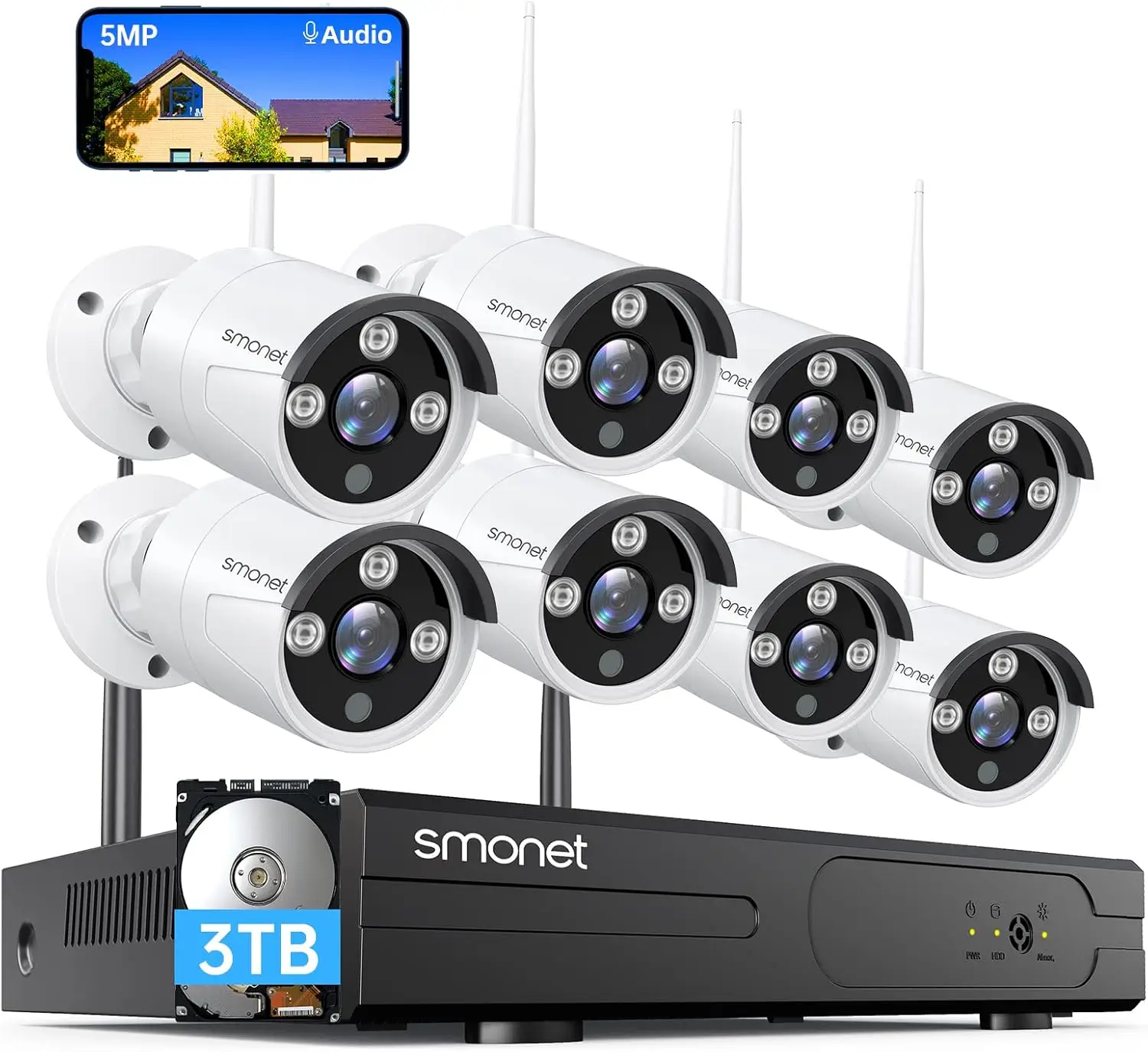 [5MP HD,Audio] SMONET WiFi Security Camera System,3TB Hard Drive,8CH Home Surveillance DVR Kits,8 Packs Outdoor Indoor IP Camera