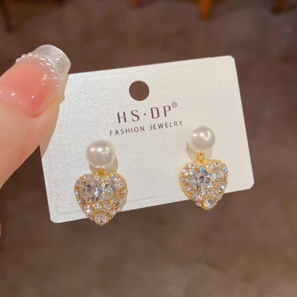 Romantic Heart Pendant Earrings Radiant Sphere Stud Shiny Crystal Cluster Love Charm Elegant Wedding Jewelry Gift For Her