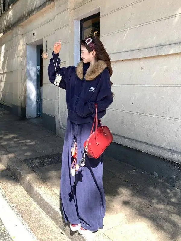 

Thickened Fleece Lined Hooded Sports Set Women's Autumn Winter New Wide Leg Casual Pants Two Piece Set Lazy Loose Feel