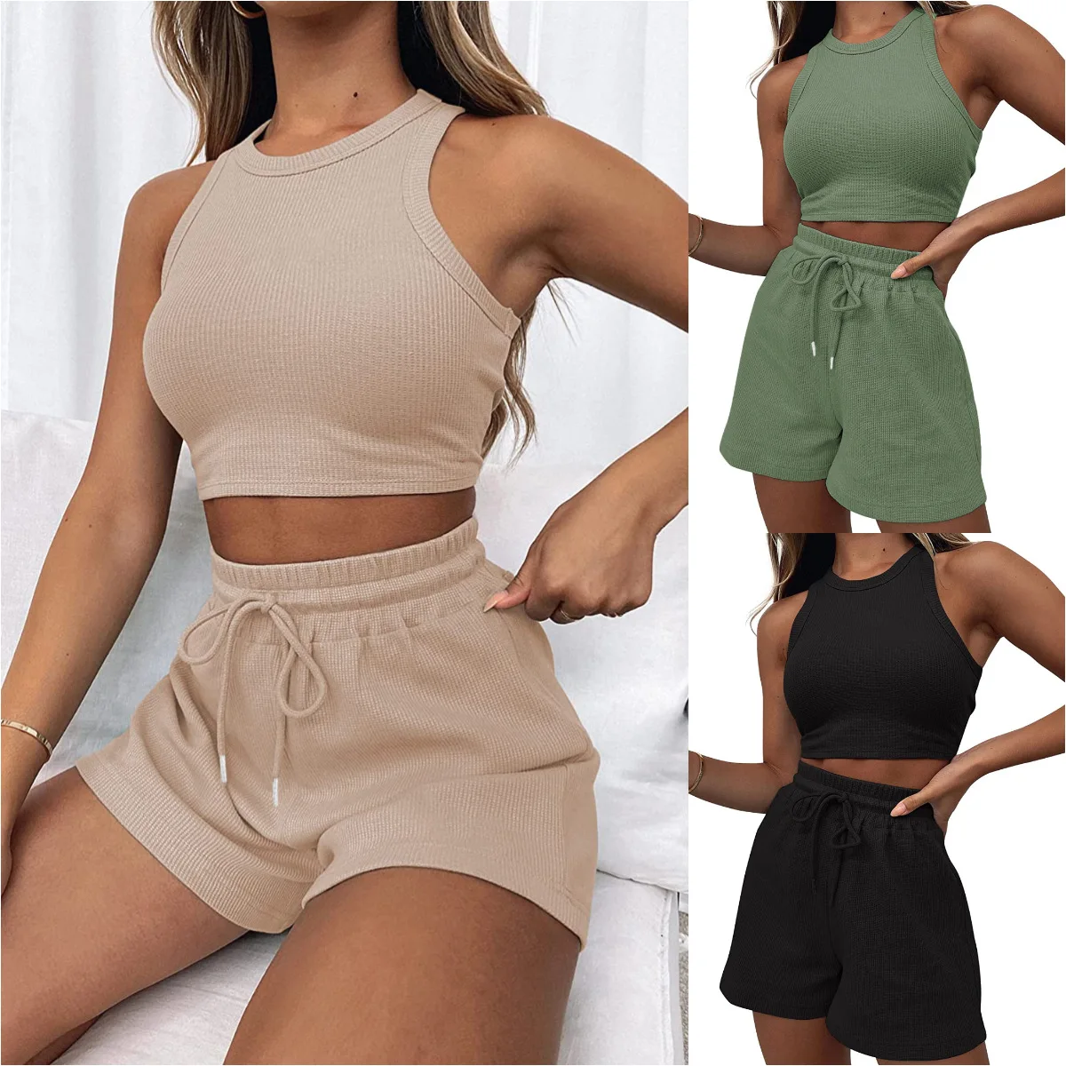 2026 Women's Solid Waffle Textured Shorts Set For Women, Breathable O-Neck Crop Tank Top & Drawstring Shorts Two-piece Set