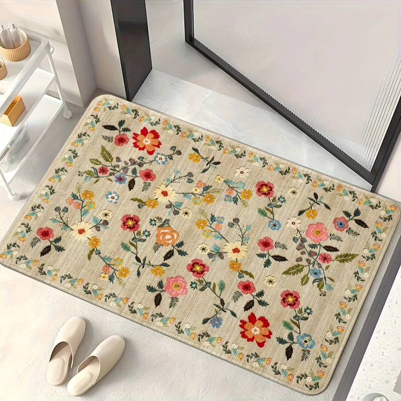 VIKAMA Vintage Floral Floor Mat, Bedroom Soft Anti Slip Carpet, Entrance Water Absorbing Decorative Floor Mat, Home Decoration