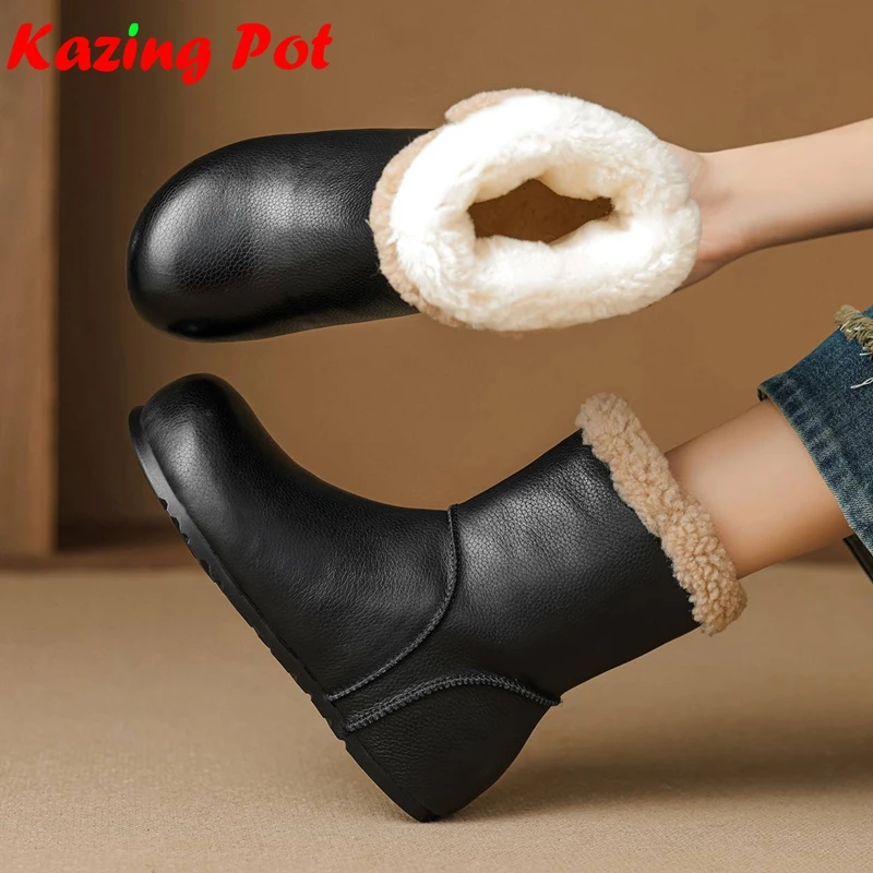 Krazing Pot Cow Leather Wool Blend Round Toe Med Heels Snow Boots Platform Keep Warm Natural Fur Slip On Cozy Brand Ankle Boots