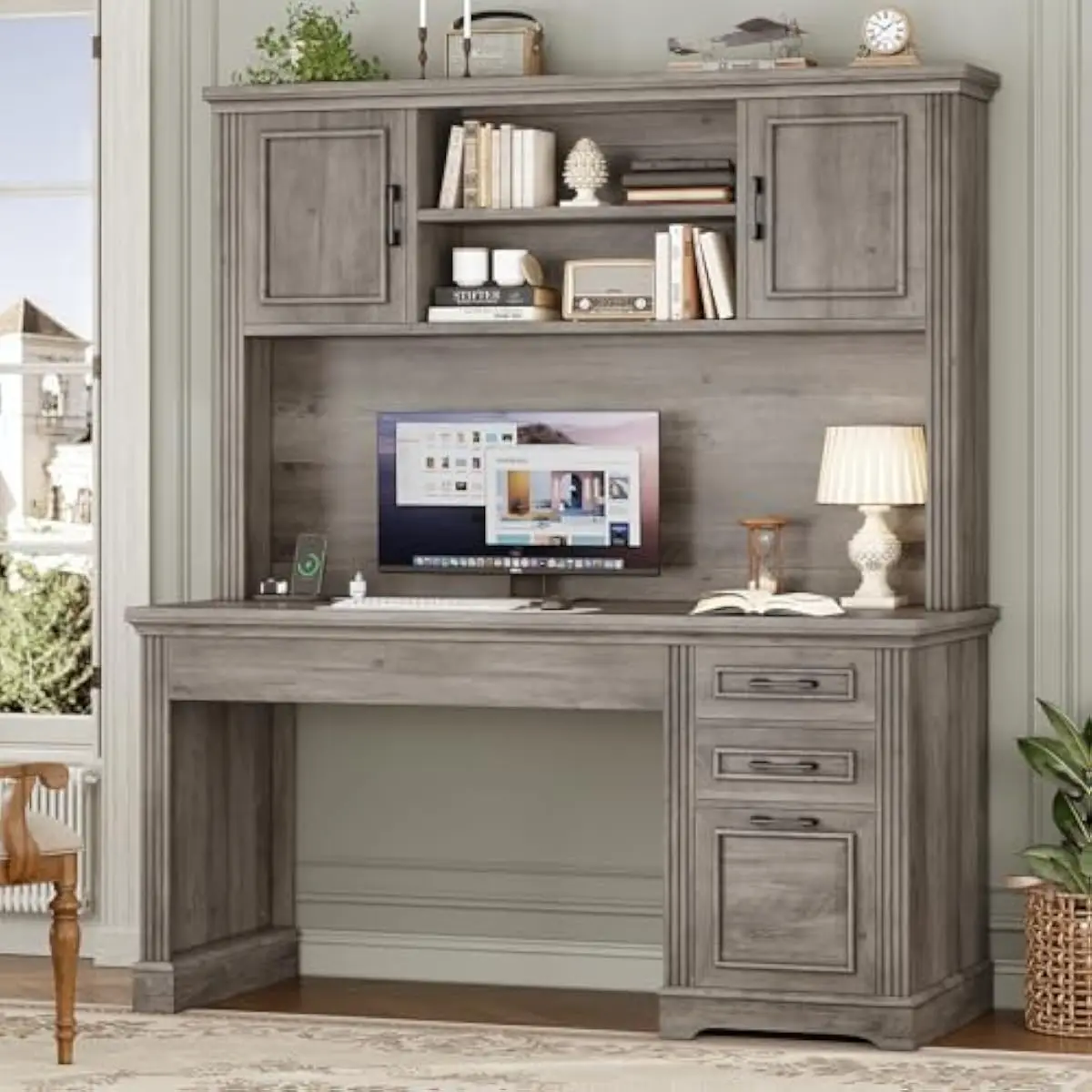 Executive Wood Desk with Hutch Cabinet and 3 Storage Drawers, 47.2 Inch Wide Farmhouse Style Workstation Featuring Integrated Po