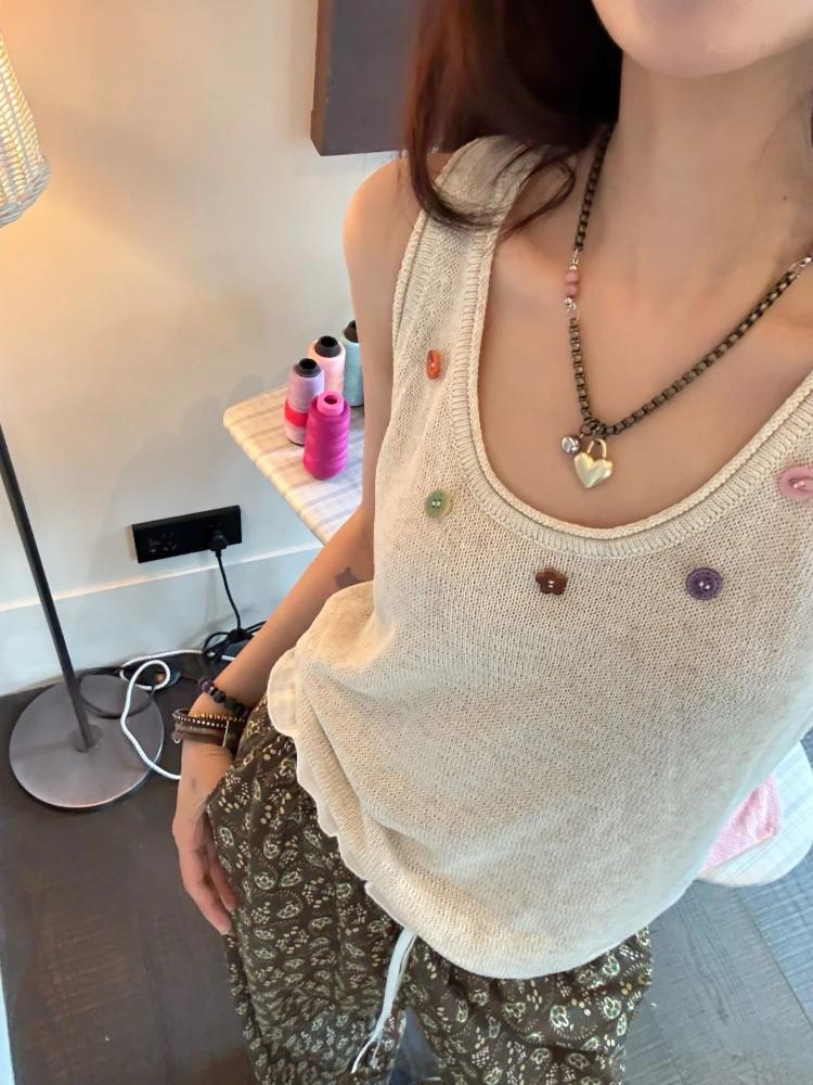 2026 Summer New Knit Relaxed 3D Decor Old Money Style Button U Neck Loose Vest T Shirt Casual Fashion Streetwear Tops