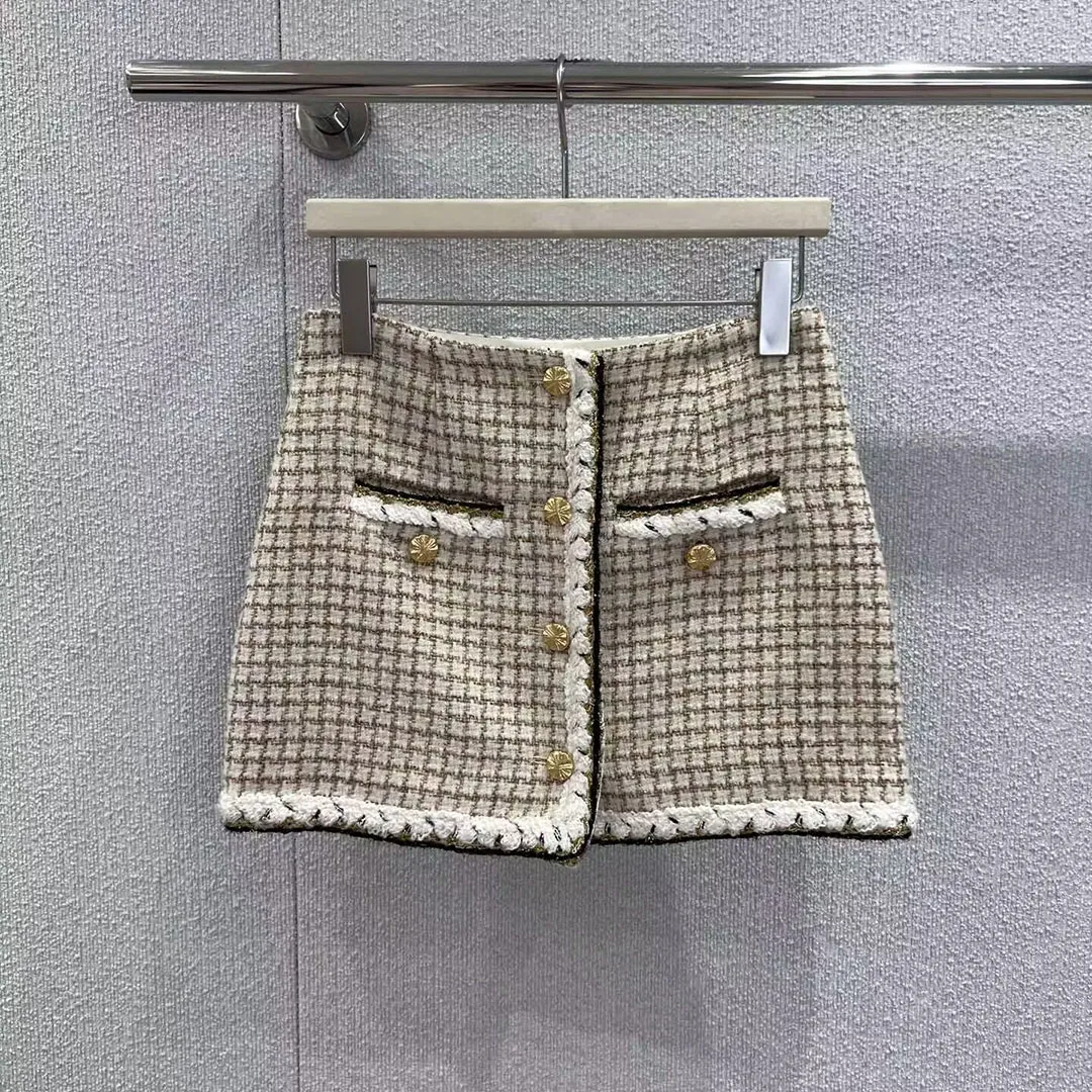 

New Fashion Gold Thread Plaid Wool Blends Tweed Woven Mini Skirts Womens High Waist Single Breasted Pockets Vintage Sweet Skirt