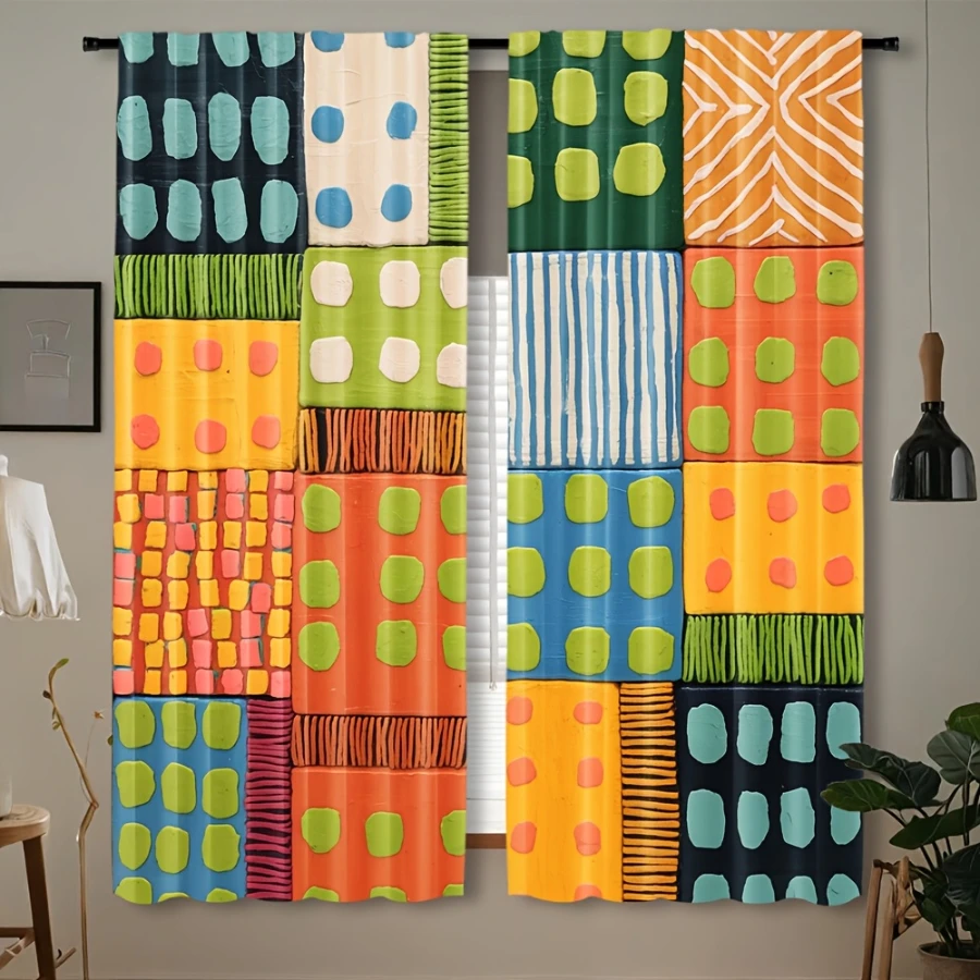 2PCS Digital Printed Curtains, Colorful Patchwork Geometric Polka Dot Stripe Pattern, Boho Retro Contrast Color Style Room Decor