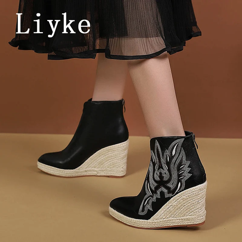 

Liyke Autumn Winter Pointed Toe Zip Ankle Boots For Women Black Platform High Heels Casual Wedges Shoes Chelsea Botines Mujer