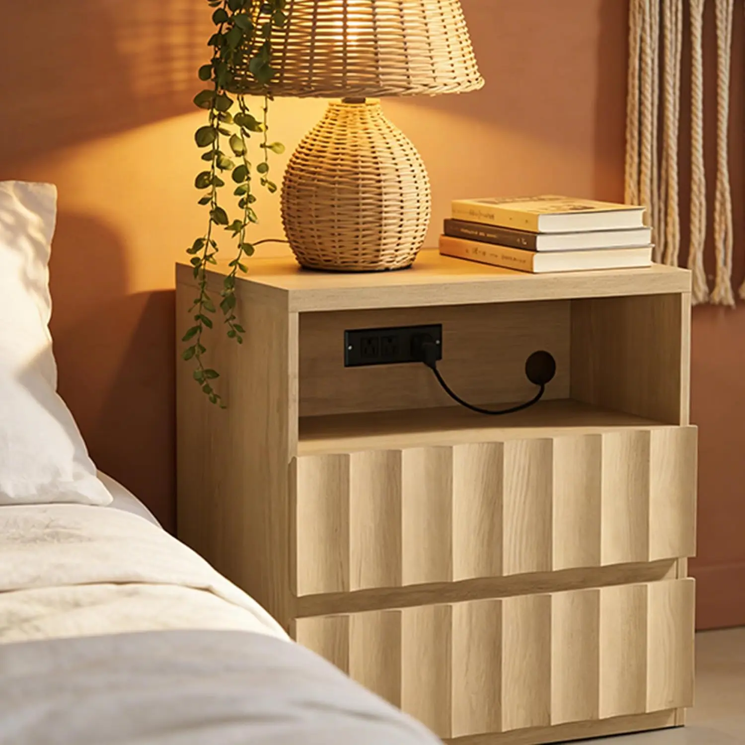 Wide Fluted Nightstand with Charging Station & Cord Cutouts, Large Drawer Wooden Bedside Table for Bedroom Office, Customized