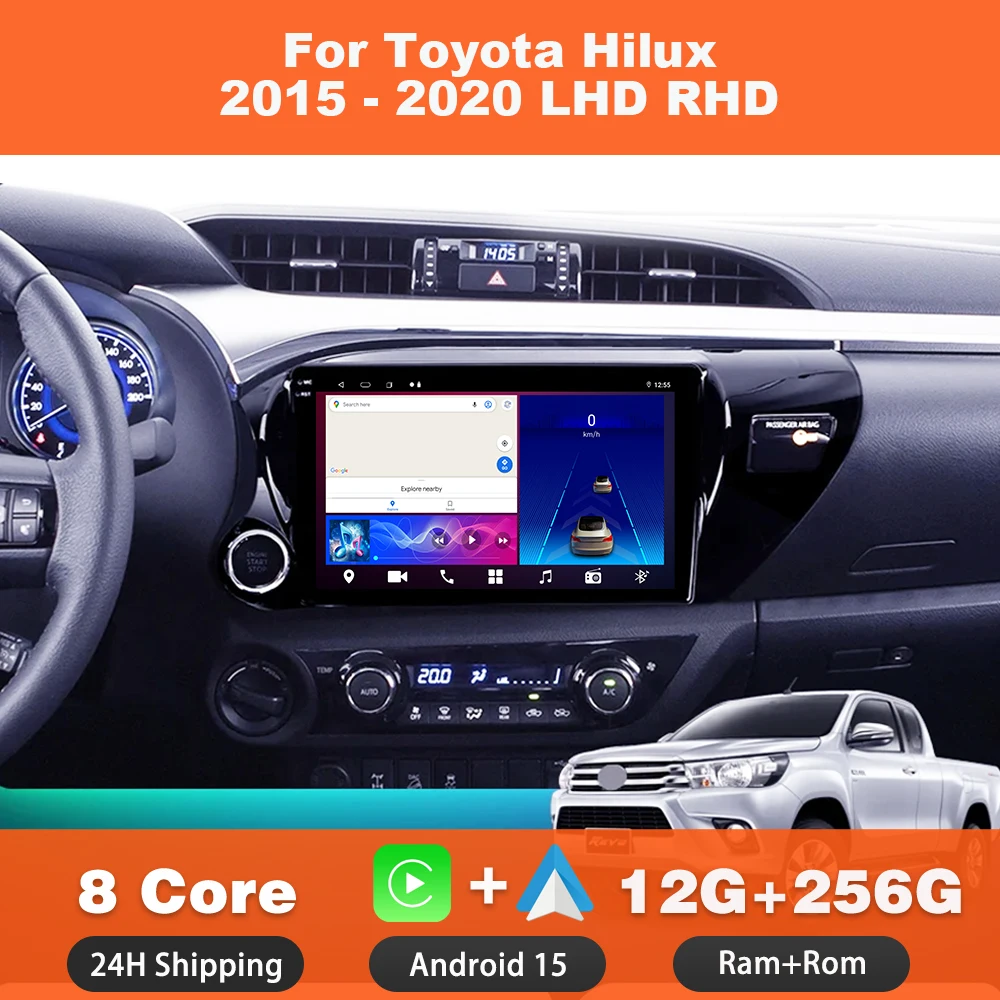 أندرويد 15 لتويوتا هايلكس 2015 - 2020 LHD RHD راديو السيارة مشغل وسائط متعددة ستيريو الملاحة GPS 4G WIFI المدمج في Carplay