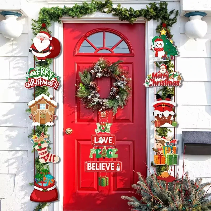 Christmas Porch Door Hanging Banner Christmas Paper Door Decorative Flags Xmas Welcome Sign for New Year 2025 Porch Door Banner