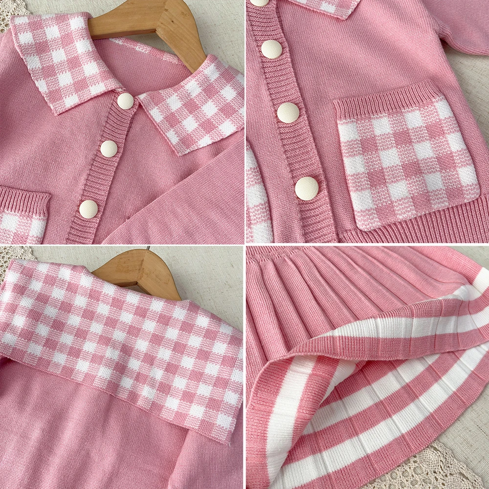 Koreanische Version Süße Niedliche Kinderkleidung Herbst und Winter Pullover-Sets Mädchenbekleidung Langärmliges Kariertes Oberteil + Kurzer Rock – Detail 3