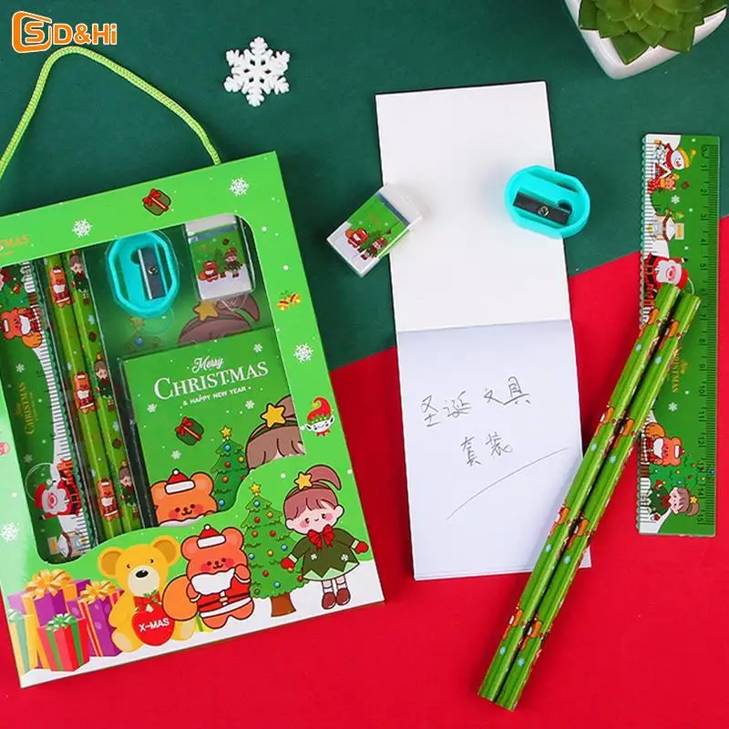 6Pcs/set Christmas Series Kids Stationery Students Ruler Pencil Eraser Pencil Sharpener Notepad Kit School Rewards Supplies