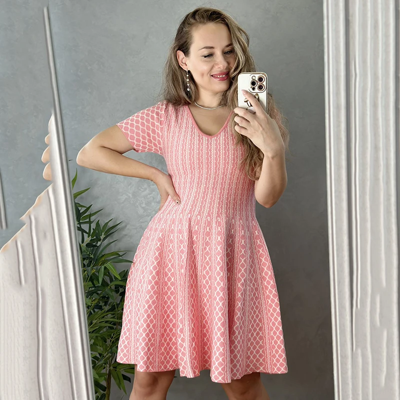 

2024 Summer Small Fragrance Short Sleeve Dress Knitted Sweater Dress Women Vintage Party Mini Dress Elegant Casual Femme
