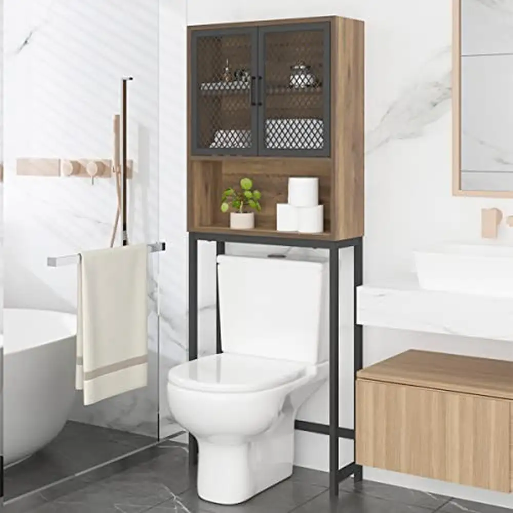 

Industrial Bathroom Over Toilet Storage Stand Organizer Metal Wood Cabinet with Adjustable Mesh Doors and Extra Stability Space