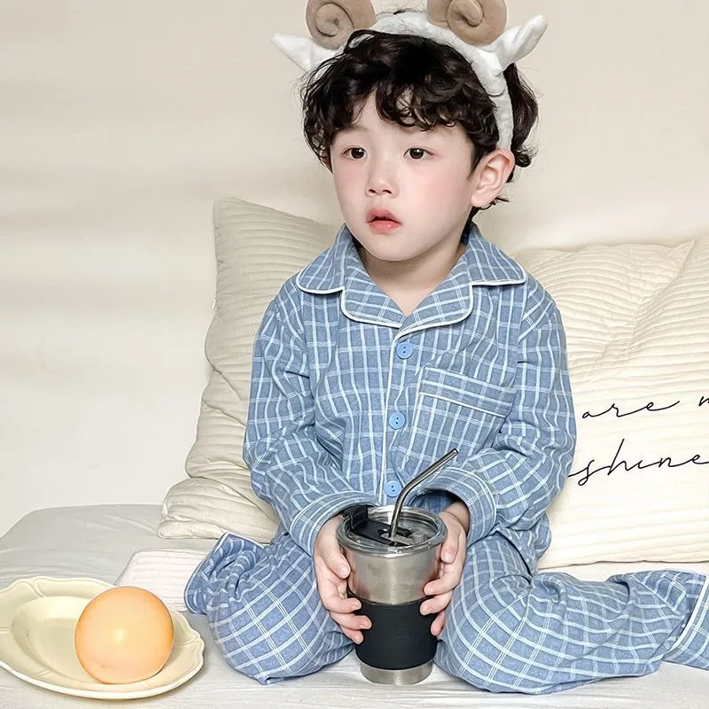 Winter Flannel Collared Plaid Sleepwear Set for Boys Girls Tween Boys Girls Long Sleeve Pajamas Unisex Casual Checkered Bedwear