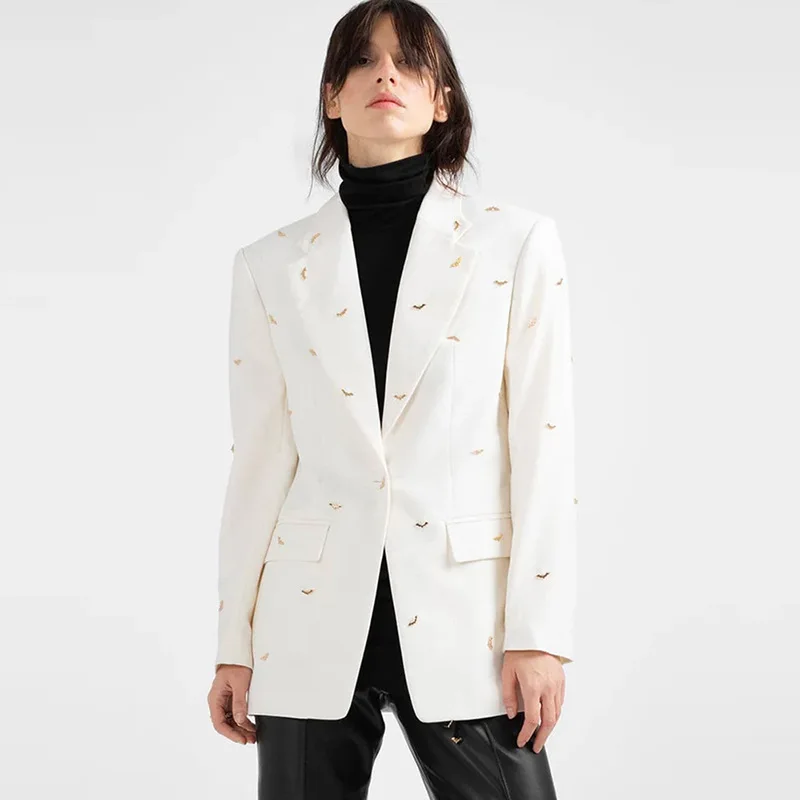 Spring New Fashionable Temperament Commuting Bat Nail Bead Slim Fit Mid To Long Length Long Sleeved Suit Jacket Jacket