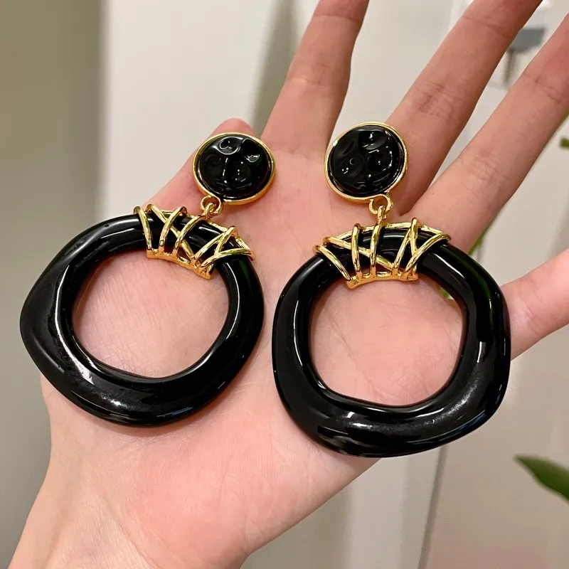 Statement Big Black Earrings Hollow Out Irregular Round Circle Women Earrings Wholesale