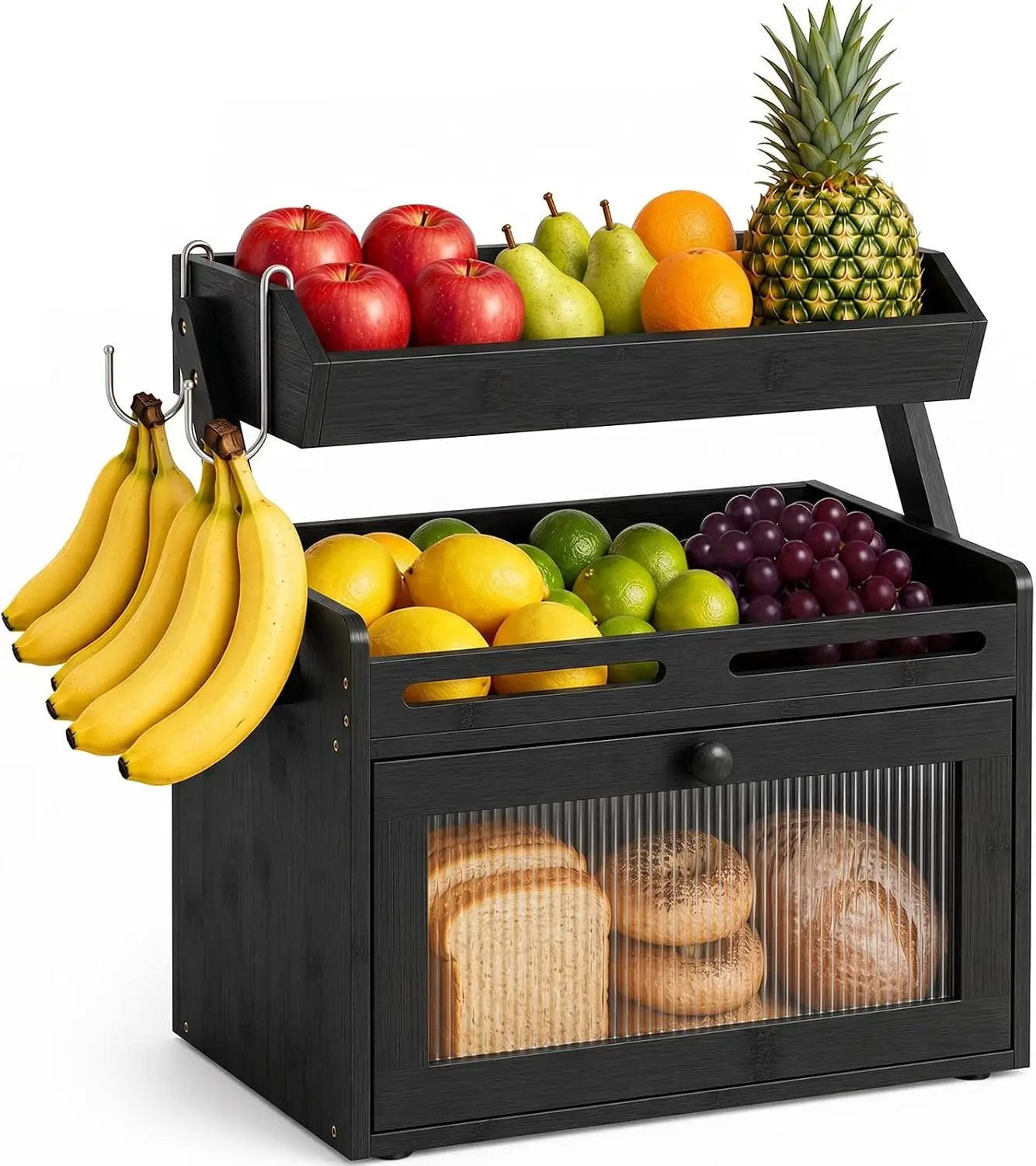 Bread Box for Kitchen Countertop, Bamboo Bread Storage Container with Fruit Basket, Clear Door & Magnetic Closure, Raised-Rail Shelves & 2 Banana Hooks, Farmhouse Pantry Organizer, Black