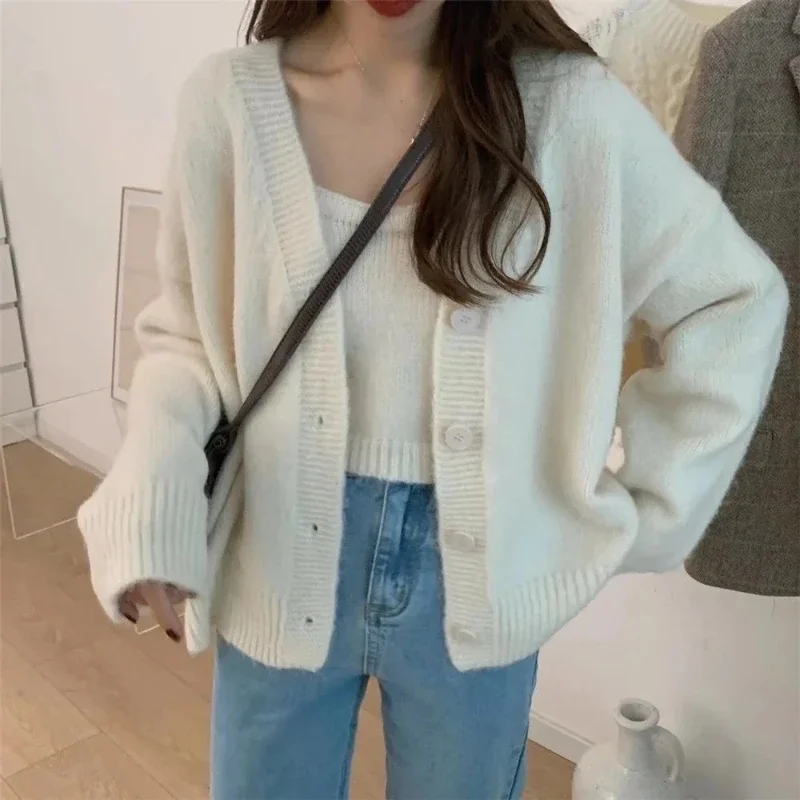 Mode Neue Zwei-stück Set frauen Kleidung Pullover Einfarbig frauen Kurze Weste Elegante Lose Strickjacke Strickwaren Pullover