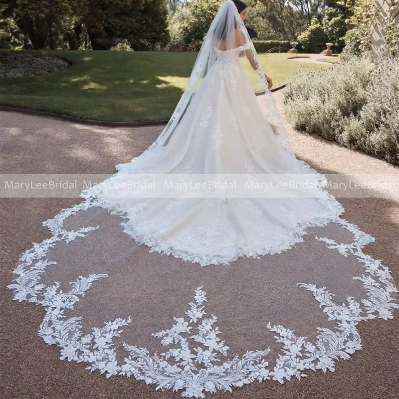 

Luxury Ivory Bridal Veils Cathedral Length Scallop Lace Trim 1 Tier Lace Appliques Edge 4m Wedding Veil Marriages Accessories