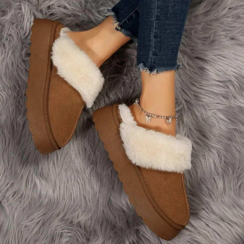 Winter Fur Snow Slipper Women Korean Simple Platform Slippers Long Plush Warm Soft Indoor Thick Sole Footwear Cotten Shoes