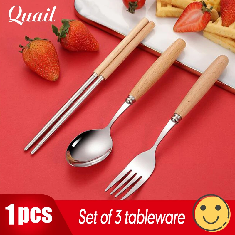 1 piece stainless steel tableware, wooden spoon, wooden fork, wooden chopsticks, student tableware set