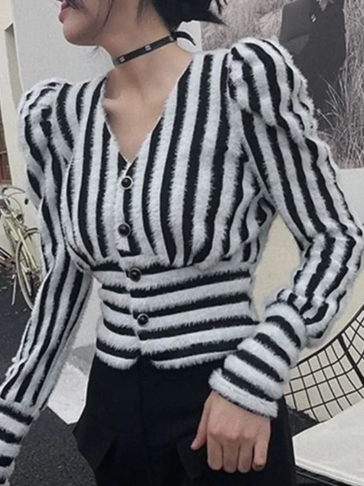 Autumn Stripe Knitwear Cropped Cardigan Women Clothes V-neck Puff Sleeve Tunic Sueter Mujer Fashion Casual Single Breasted Coat