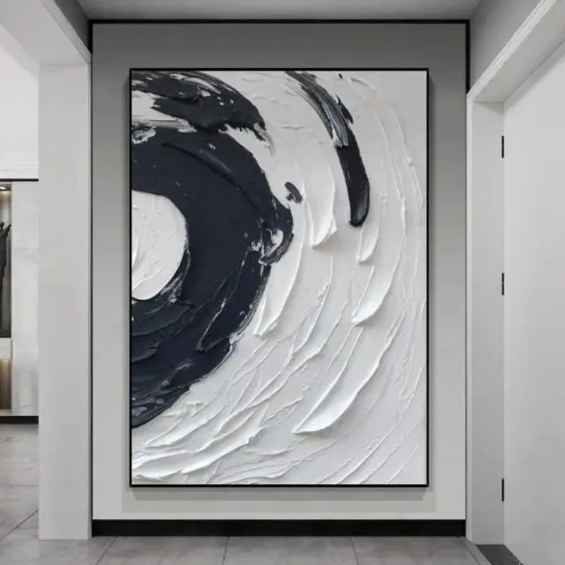 100% Hand Painted Black White Abstract Oil Painting,  Modern Frameless Canvas Wall Art for Living Room and Home Decortive